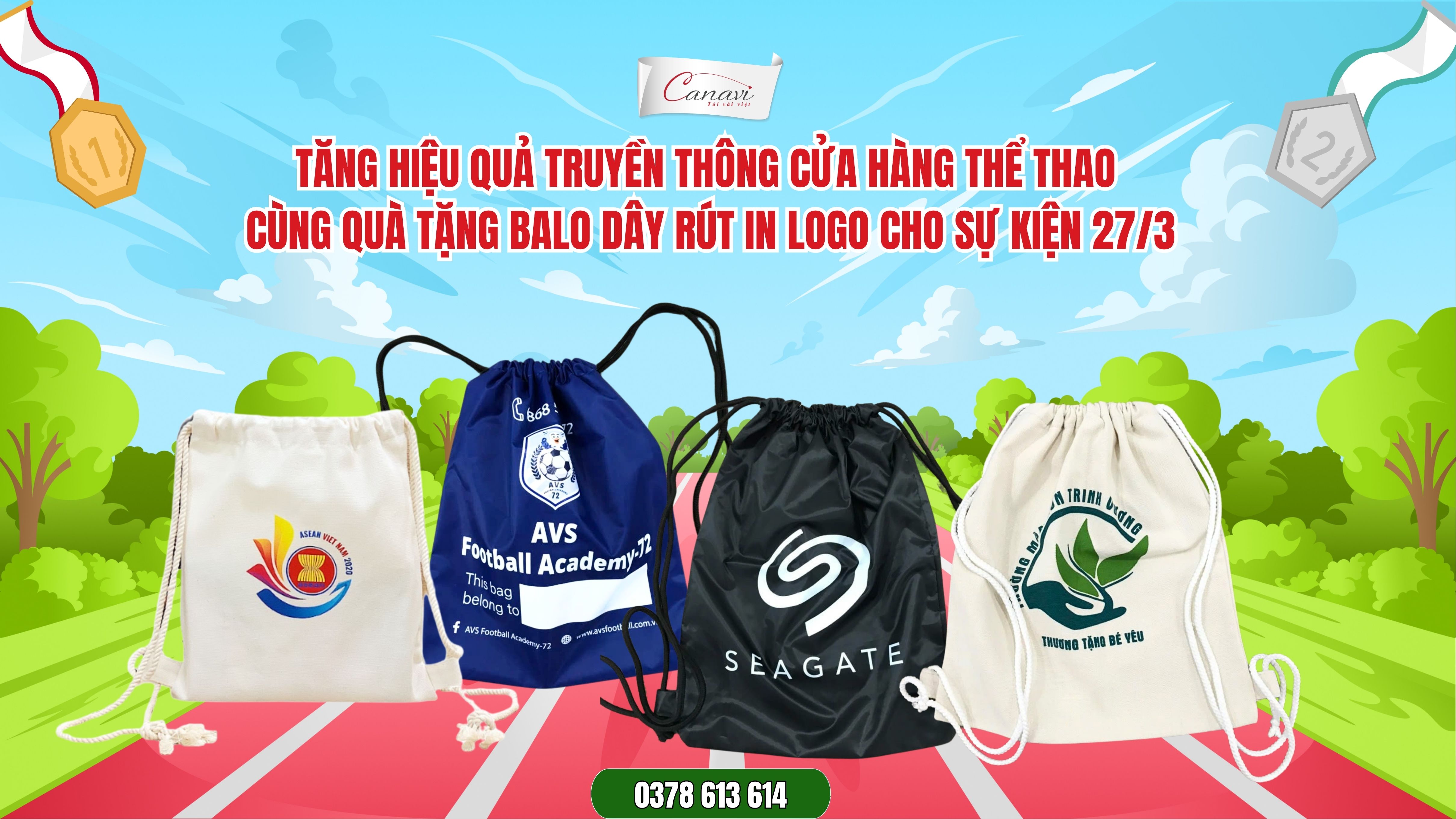 Tăng Hiệu Quả Truyền Thông Cửa Hàng Thể Thao Cùng Quà Tặng Balo Dây Rút In Logo Cho Sự Kiện 27/3