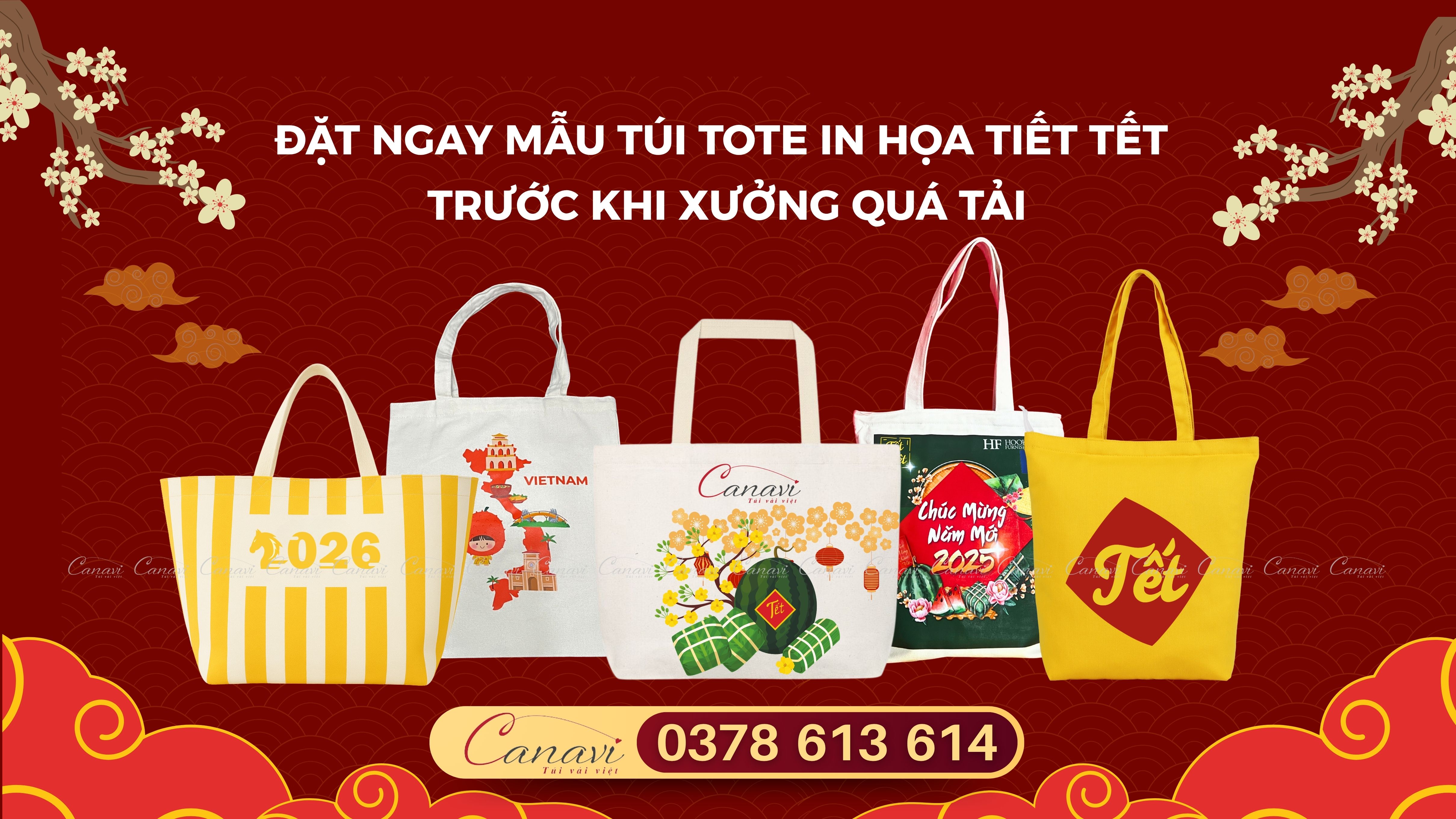 Đặt ngay mẫu túi tote in họa tiết Tết trước khi xưởng quá tải
