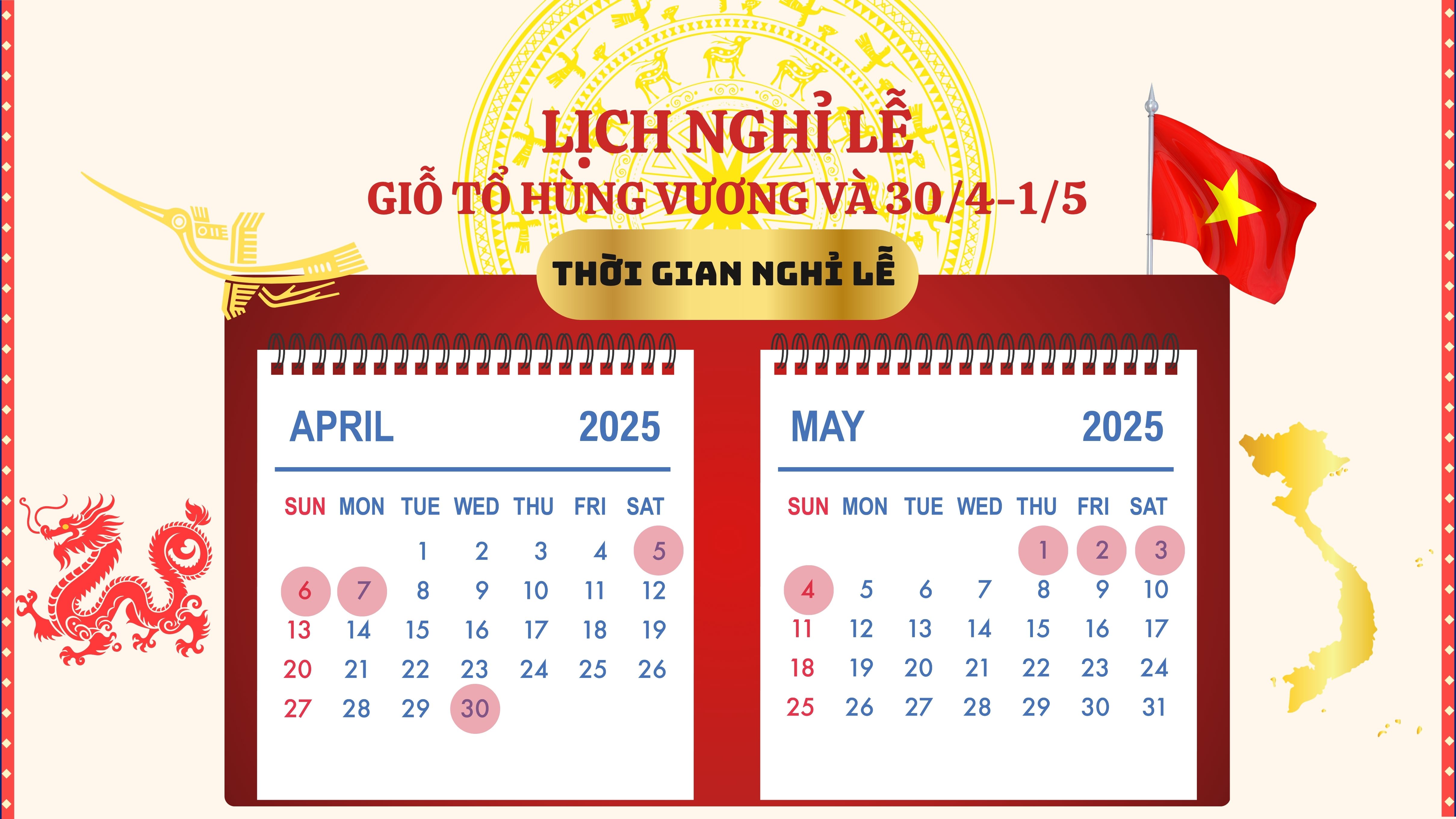 Lịch nghỉ lễ Giỗ Tổ Hùng Vương và 30/4-1/5 năm 2025 dành cho người lao động