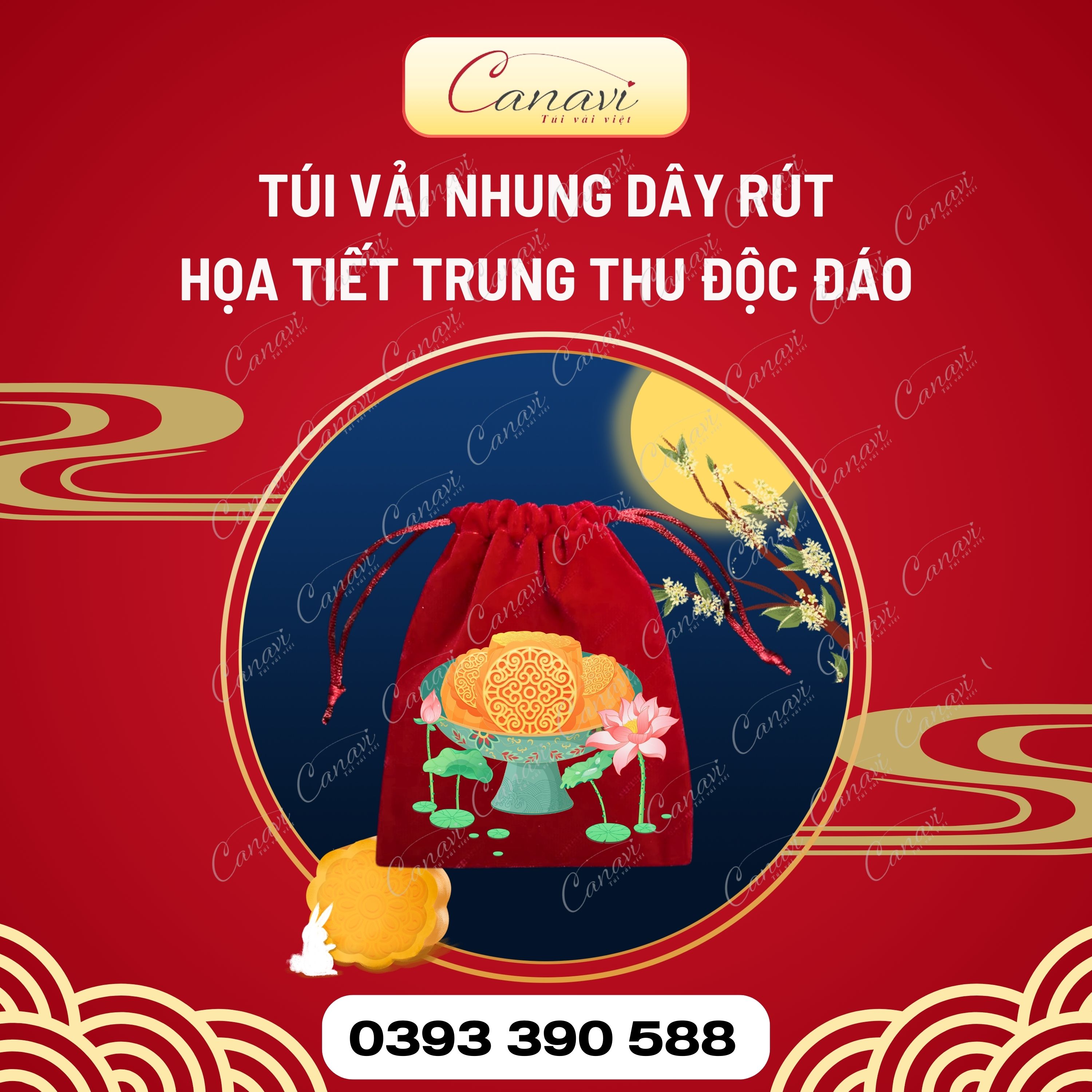 Túi vải nhung dây rút in họa tiết trung thu