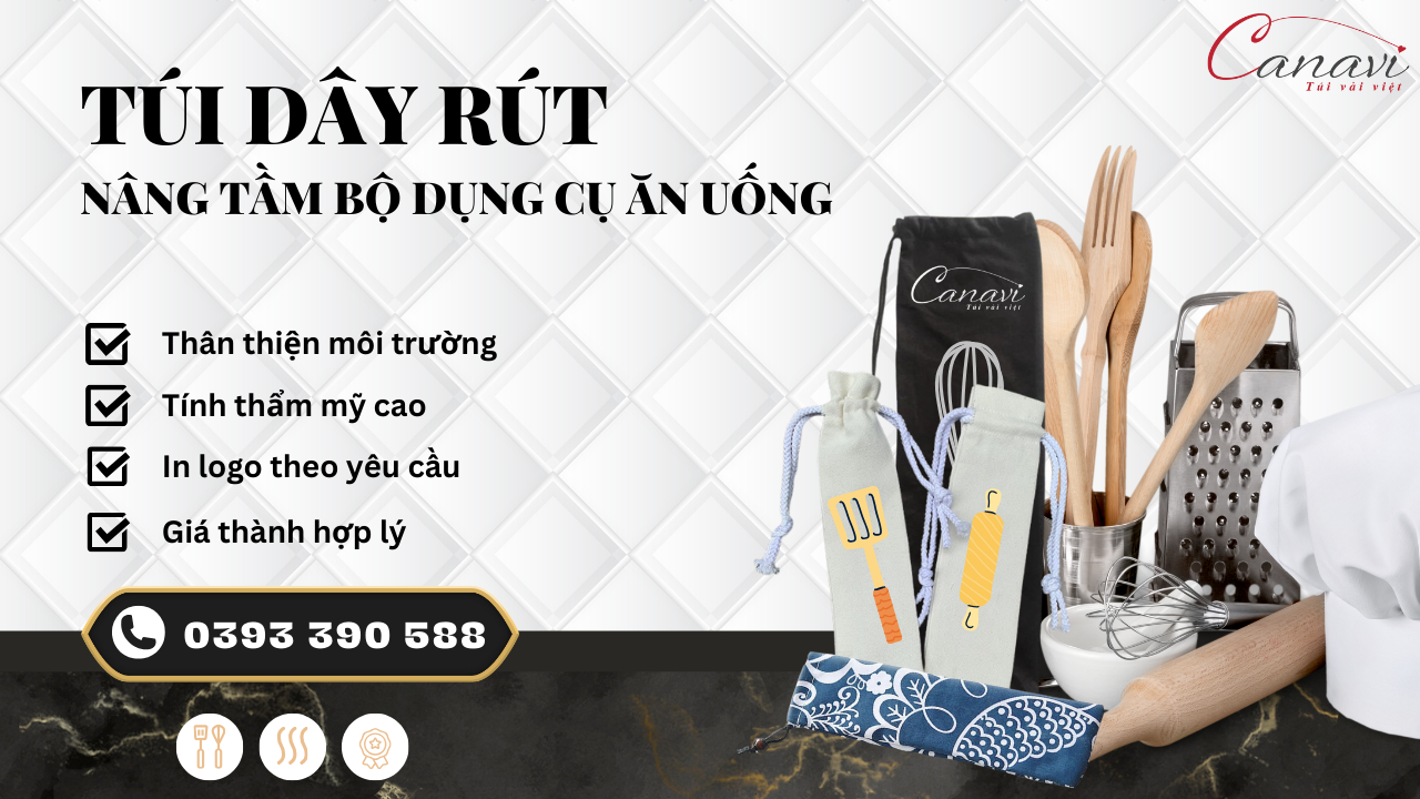 Túi vải dây rút cho bộ quà tặng dụng cụ ăn uống dành cho Doanh Nghiệp